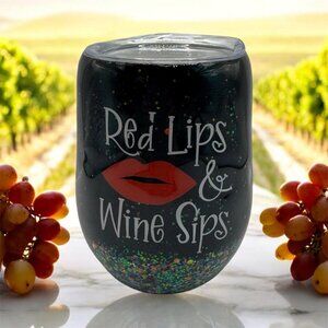 NIB Custom 12 oz Wine Tumbler | Glitter Tumbler | Red Lips & Wine Sips